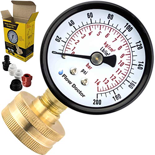 Flow Doctor Water Pressure Gauge Kit, All Purpose, 6 Parts Kit, 0 to 200 Psi, 0 to 14 Bars, Standard 3/4