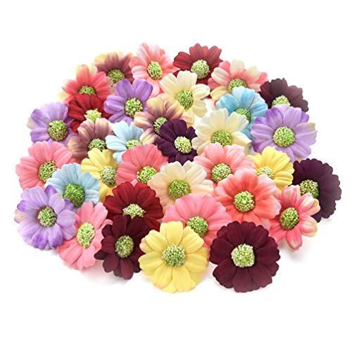 Fake flower heads in bulk wholesale for Crafts Artificial Sunflower Daisy Head Silk Handmake Flower Heads Wedding Decoration DIY Wreath Gift Box Scrapbooking Fake Flower 100pcs 4cm (Colorful)