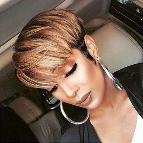 Divine Hair Short Brown Pixie Cut Wig Short Black Brown Wigs for Women Short Ombre Brown Cut Synthetic Wigs for Black Women African American Wigs (Black Brown)