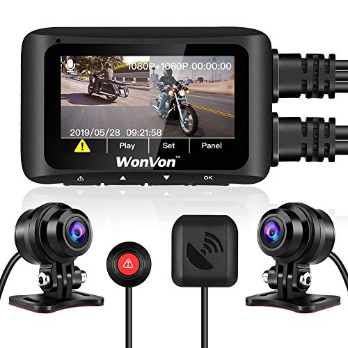 Motorcycle Camera Waterproof, WonVon MT1 1080P Front and Rear Motorbike Recording Dash Cam with 2.7 LCD Display Built-in WiFi, GPS Module, Night Vision, G-Sensor, Loop Recording for Sportbike Rider