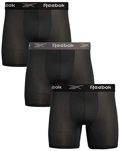 Reebok Men's Athletic Performance Moisture Wicking Nylon Mesh Boxer Briefs (3 Pack), (Black, Medium)