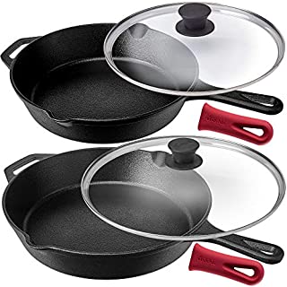 Pre-Seasoned Cast Iron Skillet 2-Piece Set (10-Inch and 12-Inch) with Glass Lids Oven Safe Cookware - 2 Heat-Resistant Holders - Indoor and Outdoor Use - Grill, Stovetop, Induction Safe
