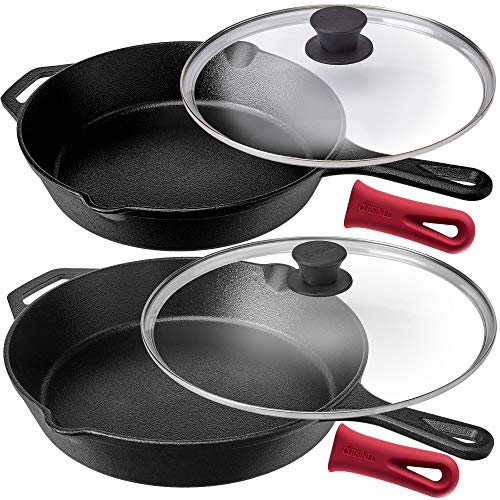Pre-Seasoned Cast Iron Skillet 2-Piece Set (10-Inch and 12-Inch) with Glass Lids Oven Safe Cookware - 2 Heat-Resistant Holders - Indoor and Outdoor Use - Grill, Stovetop, Induction Safe