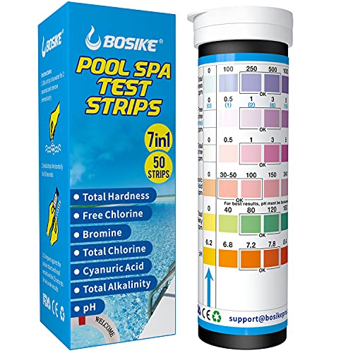 BOSIKE 7 in 1 Pool Test Strips, Water Test Kit for Swimming Pool/Spa/Hot Tub/Home Water, Testing Cyanuric Acid, Free Chlorine/Bromine, Total Chlorine, Water Hardness, Alkalinity and pH,50 ct