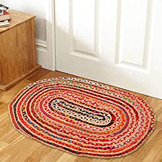 Jute Multi Chindi Oval Braided Rug, Tightly Braided Chindi and Jute Rug, Reversible,Durable,Sustainable Rug Pad, Shag Rugs for Bedroom, Floor Rug, Bedroom Rugs, Jute Kitchen Rug-24x36 inch Multi Color