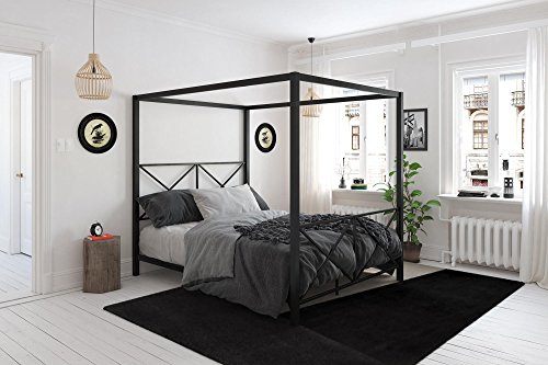 DHP Rosedale Metal 4 Poster Canopy Bed with Crisscross Headboard and Footboard - Queen (Black)