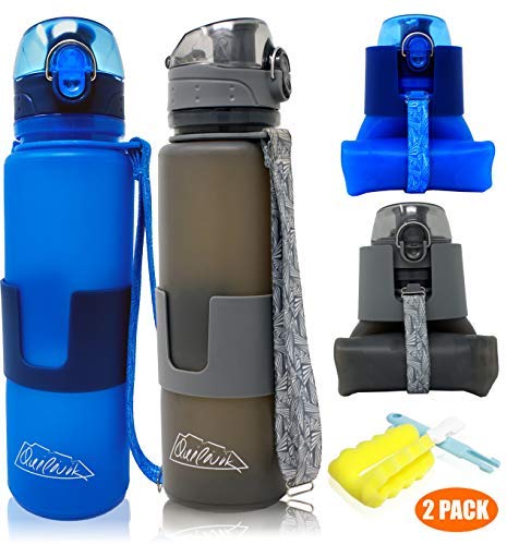 Collapsible Water Bottle/Travel Water Bottle (2Pack), 22 Oz Silicon Water Bottle/Foldable Water Bottle, Leak Proof /BPA Free For Hiking, Gym,Travel,(Black &Blue) (22oz, (BLACK & BLUE) 2PACK)