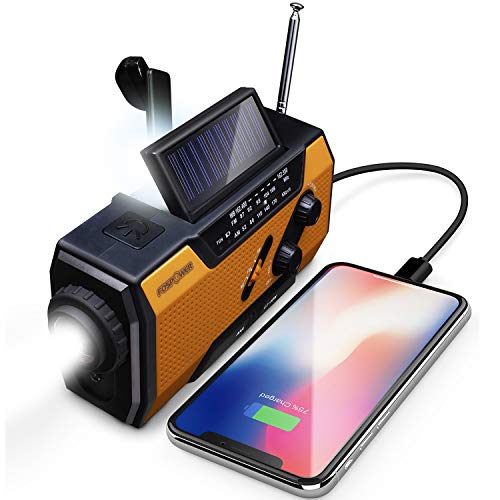 FosPower Emergency Solar Hand Crank Portable Radio, NOAA Weather Radio for Household and Outdoor Emergency with AM/FM, LED Flashlight, Reading Lamp, 2000mAh Power Bank USB Charger and SOS Alarm