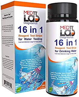 16 in 1 Drinking Water Test Kit Strips, 200 cnt. Home Water Quality Test for Tap Water, Pool, Spa. Strips for Water Hardness, Total Chlorine, Mercury, Lead, Aluminum, Fluoride, Iron, pH and More