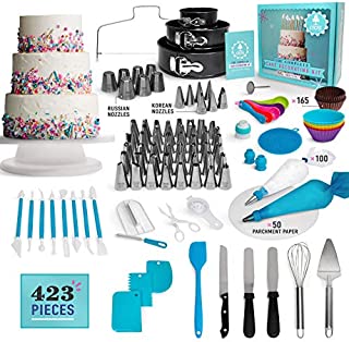 NEW!!! 423pc Complete Cake Decorating Supplies Kit, Rotating Cake Turntable,48 Piping Tips, 7-Russian Nozzles, 7-Korean Nozzles, 3 Springform Pans, Fondant Molding Tools,Baking Supplies,Cupcake Kit