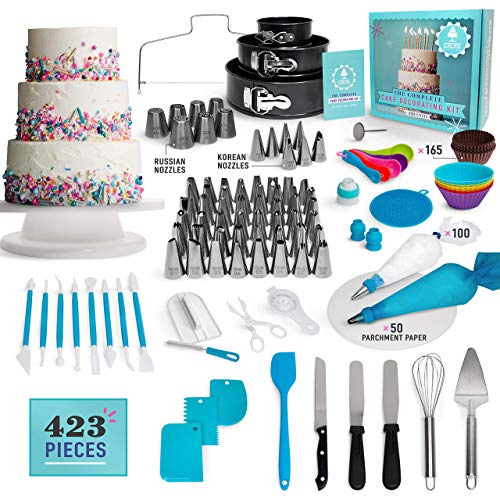 NEW!!! 423pc Complete Cake Decorating Supplies Kit, Rotating Cake Turntable,48 Piping Tips, 7-Russian Nozzles, 7-Korean Nozzles, 3 Springform Pans, Fondant Molding Tools,Baking Supplies,Cupcake Kit