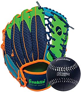 Franklin Sports Teeball Glove - Left and Right Handed Youth Fielding Glove - Meshtek Series - Synthetic Leather Baseball Glove - Ready To Play Glove - 9.5 Inch Right Hand Throw with Ball - Navy/Lime/Orange