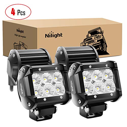 Nilight - 60001F-C LED Light Bar 4PCS 4 Inch 18W LED Bar 1260lm Flood Led Off Road Driving Lights Led Fog Lights Jeep Lighting LED Work Light for Van Camper SUV ATV ,2 Years Warranty