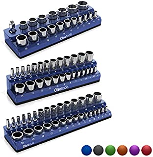 Olsa Tools Magnetic Socket Organizer | 3 Piece Socket Holder Kit | 1/2-inch, 3/8-inch, 1/4-inch Drive | Metric Blue | Holds 75 Sockets | Professional-Grade