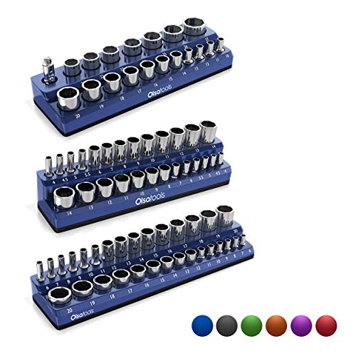 Olsa Tools Magnetic Socket Organizer | 3 Piece Socket Holder Kit | 1/2-inch, 3/8-inch, 1/4-inch Drive | Metric Blue | Holds 75 Sockets | Professional-Grade