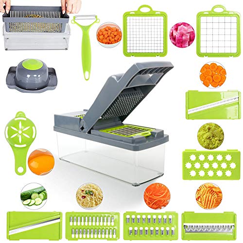14 in 1 Vegetable Chopper Mandoline Slicer Dicer Peeler Onion Chopper, Stainless Steel Food Chopper for Onion, Garlic, Carrot, Potato, Tomato, Fruit, Salad with Colander Basket And Container