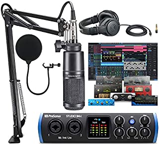 PreSonus Studio 24c 2x2 USB Type-C Audio/MIDI Interface with Studio One 5 Artist DAW Software with Audio-Technica AT2020 Vocal Microphone Arm Kit for Studio Recording/Streaming/Podcasting