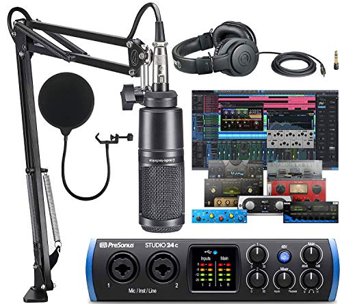 PreSonus Studio 24c 2x2 USB Type-C Audio/MIDI Interface with Studio One 5 Artist DAW Software with Audio-Technica AT2020 Vocal Microphone Arm Kit for Studio Recording/Streaming/Podcasting