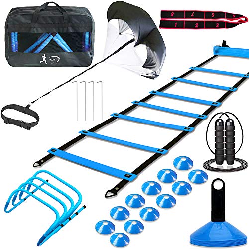 MLCINI Speed Agility Training Set, Includes 1 Resistance Parachute, 1 Agility Ladder, 4 Steel Stakes, 4 Adjustable Hurdles, 12 Disc Cones | Speed Training Equipment for Soccer Football Basketball