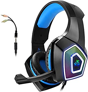 Gaming Headset with Mic for Xbox One PS4 PS5 PC Switch Tablet Smartphone, Headphones Stereo Over Ear Bass 3.5mm Microphone Noise Canceling 7 LED Light Soft Memory Earmuffs(Free Adapter)