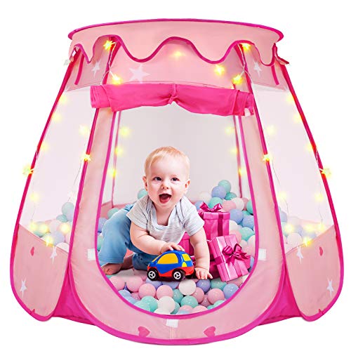 Pop Up Princess Tent, ZUOSEN Ball Pit Kids Play Tent with Star Light for Girls, Foldable and Portable Toddler Girl Toys with a Carrying Bag, Indoor and Outdoor Playhouse Girl Gift (Balls Not Included)