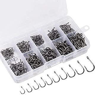 500PCS Premium Fishhooks, 10 Sizes Reemoo Carbon Steel Fishing Hooks W/ Portable Plastic Box, Strong Sharp Fish Hook with Barbs for Freshwater/Seawater