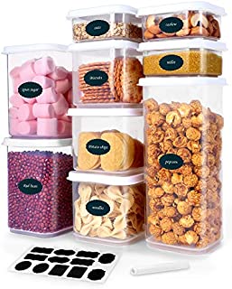 Airtight Food Storage Container Set with Lids, 9 pcs Plastic Food Container BAP Free Kitchen Pantry Organization and Storage Canisters for Organizing Flour Sugar Cereal with 12 Labels & Marker, White