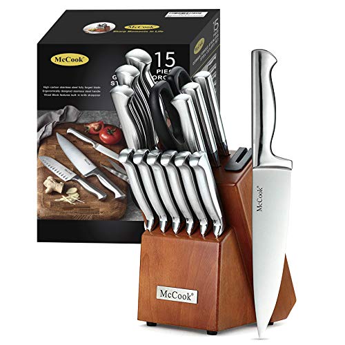 McCook MC29 Knife Sets,15 Pieces German Stainless Steel Kitchen Knife Block Sets with Built-in Sharpener