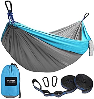 Kootek Camping Hammock Double & Single Portable Hammocks with 2 Tree Straps, Lightweight Nylon Parachute Hammocks for Backpacking, Travel, Beach, Backyard, Patio, Hiking (Grey & Sky Blue, Large)