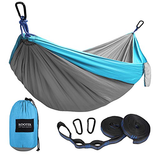 Kootek Camping Hammock Double & Single Portable Hammocks with 2 Tree Straps, Lightweight Nylon Parachute Hammocks for Backpacking, Travel, Beach, Backyard, Patio, Hiking (Grey & Sky Blue, Large)