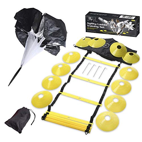 ILLI Products Pro Sport Agility Ladder Training Set. Includes 20 ft. Agility Ladder, 1 Resistance Parachute, 12 Drill Cones and 2 Carrying Bags, Exercise Fitness Equipment for Agility Footwork Drills