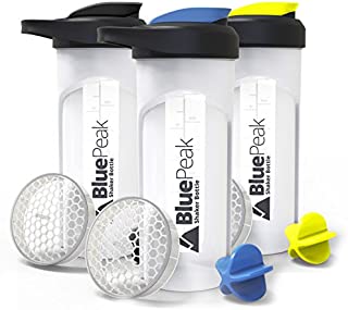 BluePeak Protein Shaker Bottle 28-Ounce, 3-Pack, with Dual Mixing Technology. BPA Free, Shaker Balls & Mixing Grids Included (Yellow, Blue & Black)