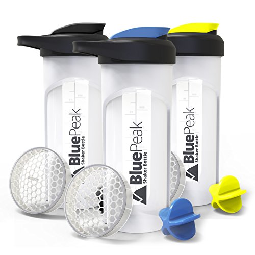 BluePeak Protein Shaker Bottle 28-Ounce, 3-Pack, with Dual Mixing Technology. BPA Free, Shaker Balls & Mixing Grids Included (Yellow, Blue & Black)