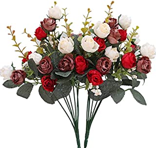 Luyue 7 Branch 21 Heads Artificial Silk Fake Flowers Leaf Rose Wedding Floral Decor Bouquet,Pack of 2 (Red coffee)