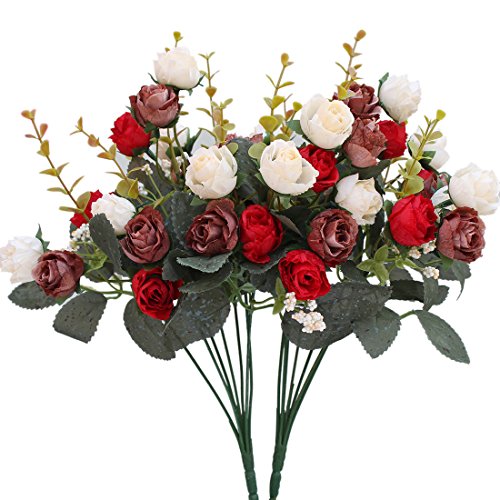 Luyue 7 Branch 21 Heads Artificial Silk Fake Flowers Leaf Rose Wedding Floral Decor Bouquet,Pack of 2 (Red coffee)