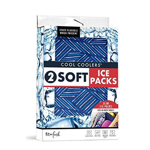 Fit + Fresh Soft Cool Coolers Ice Packs, Long Lasting Ice Packs for Lunch Bags, Picnic Baskets, Coolers, and More, Set of 2, Navy Sketch Weave & Blue