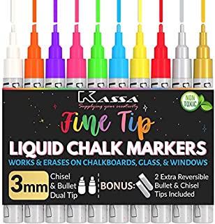 Kassa Liquid Chalk Markers Fine Tip (10 Pack 3mm) - Chalkboard Markers Erasable - Gold & Silver Included - Wet Erase Markers for Glass Blackboard Windows - Chalk Pens Include Dual Chisel & Bullet Tip