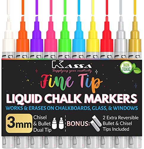 Kassa Liquid Chalk Markers Fine Tip (10 Pack 3mm) - Chalkboard Markers Erasable - Gold & Silver Included - Wet Erase Markers for Glass Blackboard Windows - Chalk Pens Include Dual Chisel & Bullet Tip