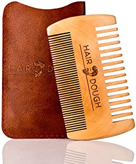 Hair Dough Wood Beard Comb & Case, Double Sided Wide & Fine Tooth, Best to use with Men's Hair Products Such as Wax, Oil, Balm, and Paste, Durable Small Pocket Size with Leather Case