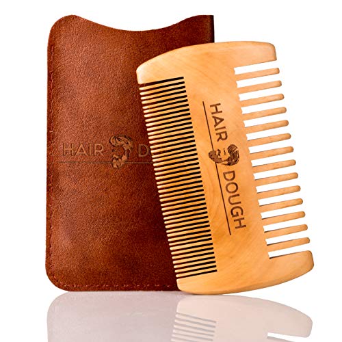 Hair Dough Wood Beard Comb & Case, Double Sided Wide & Fine Tooth, Best to use with Men's Hair Products Such as Wax, Oil, Balm, and Paste, Durable Small Pocket Size with Leather Case