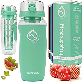 Hydracy Fruit Infuser Water Bottle - 32 oz Sports Bottle - Insulating Sleeve, Time Marker & Full Length Infusion Rod + 27 Fruit Infused Water Recipes eBook Gift - Aqua Green