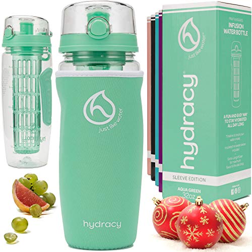 Hydracy Fruit Infuser Water Bottle - 32 oz Sports Bottle - Insulating Sleeve, Time Marker & Full Length Infusion Rod + 27 Fruit Infused Water Recipes eBook Gift - Aqua Green