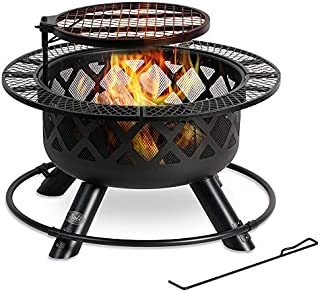 BALI OUTDOORS Wood Burning Fire Pit, 32 Inch Outdoor Backyard Patio Fire Pit with 18.7 Inch Cooking Grill Grate, Black