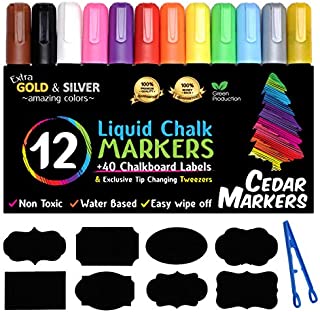 Cedar Markers Liquid Chalk Markers - 12 Pack With 40 Chalkboard Labels - Bold Neon Color Pens Including Gold And Silver Paint. Dry Erase Markers for Windows, Glass, Chalkboard with Reversible Tip.