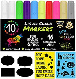 Chalk Markers by Vaci, Pack of 10 + Drawing Stencils + 16 Labels, Premium Liquid Chalkboard Neon Pens, Including Gold, Silver and Extra White Ink, Bullet or Chisel Reversible Tips