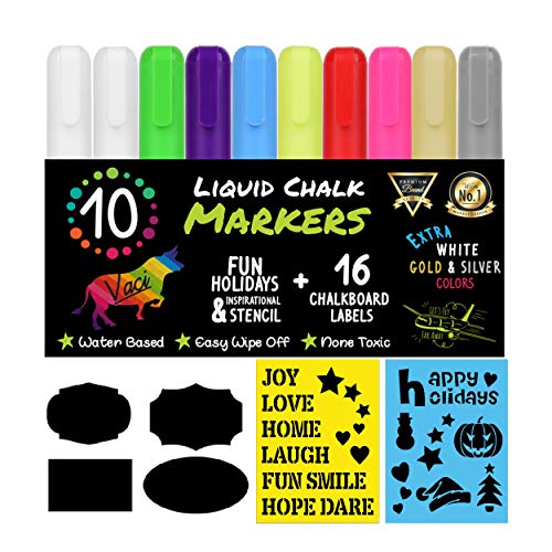 Chalk Markers by Vaci, Pack of 10 + Drawing Stencils + 16 Labels, Premium Liquid Chalkboard Neon Pens, Including Gold, Silver and Extra White Ink, Bullet or Chisel Reversible Tips