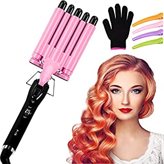 5 Barrel Curling Iron Wand Hair Waver Iron Ceramic Tourmaline Hair Crimper with 4 Pieces Hair Clips and Heat Resistant Glove, Curling Waver Iron Heating Styling Tools