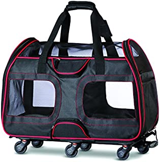 Katziela Pet Carrier with Removable Wheels - Soft Sided, Airline Approved Small Dog and Cat Carrying Bag with Telescopic Walking Handle, Mesh Ventilation Windows and Safety Leash Hook - Black