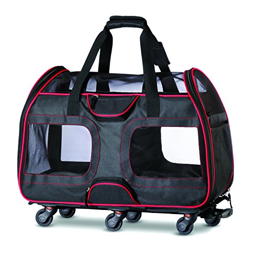 Katziela Pet Carrier with Removable Wheels - Soft Sided, Airline Approved Small Dog and Cat Carrying Bag with Telescopic Walking Handle, Mesh Ventilation Windows and Safety Leash Hook - Black