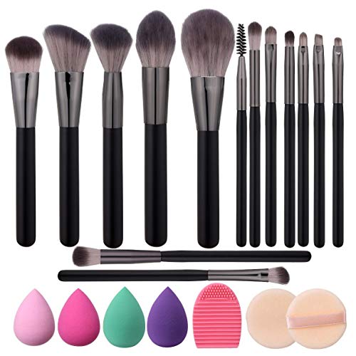 Elisel Makeup Brush Set, 14 Pcs Makeup Brushes with 4 Makeup Sponge Blender 2 Makeup Powder Puff 1 silicone brush cleaner Make Up Brushes Kit (Black 14)